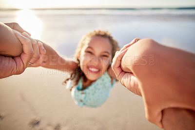 Buy stock photo Shot of a little girl having fun at the beach