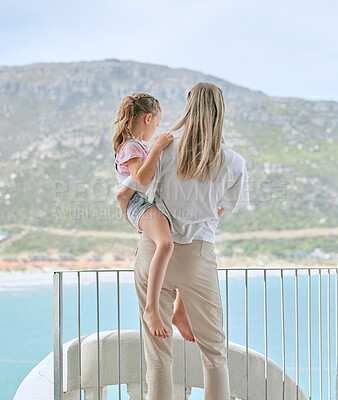 Buy stock photo Back, young kid and woman with holiday view, vacation or travel in bonding as family on balcony. People, child and mother on trip, getaway for weekend in France for love, affection and development