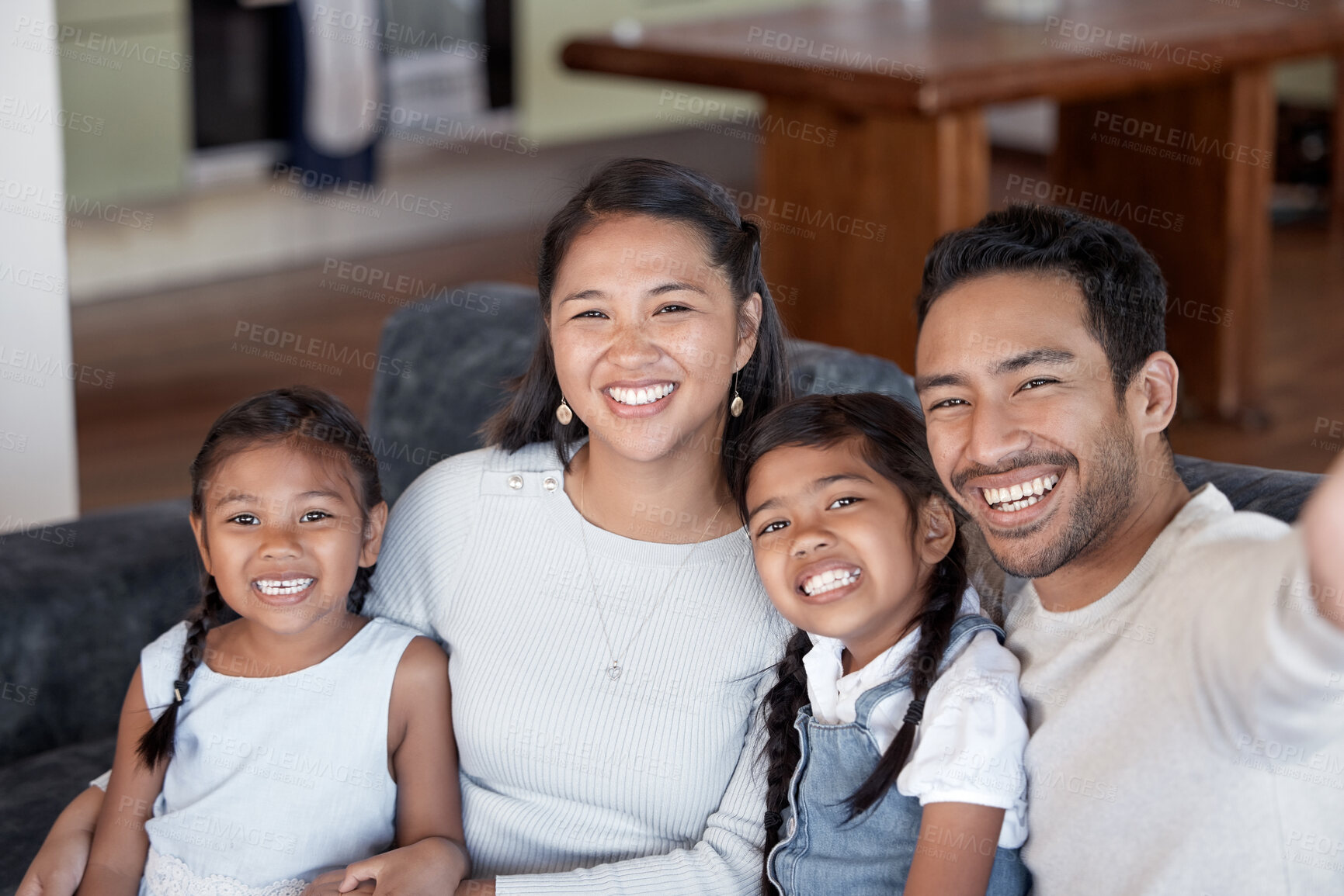 Buy stock photo Asian family, portrait and selfie of happy girls with parents for love, care and kids bonding together. Face, dad and mom with sisters in home for picture, memory and social media photo of children