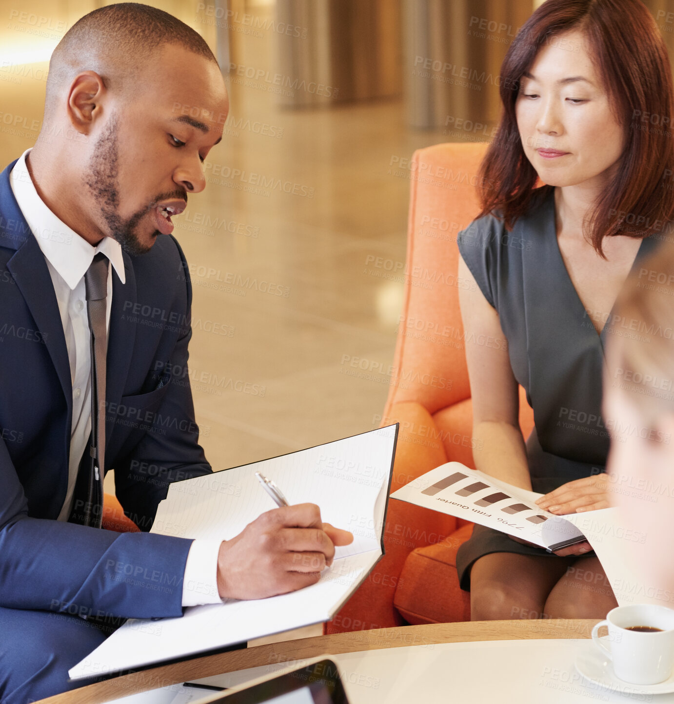 Buy stock photo Schedule, finance and business people in a meeting planning and writing a financial agenda in a notebook. Diversity, collaboration and black man coworking with an Asian woman on a management strategy