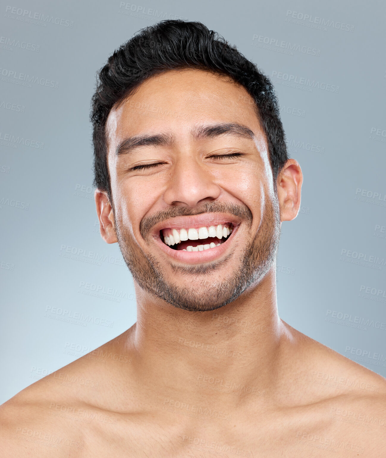 Buy stock photo Man, smile and beauty studio for dental, happiness and confident for teeth whitening transformation or results. Eyes closed, Asian and male model on background for wellness, mouth care and hygiene