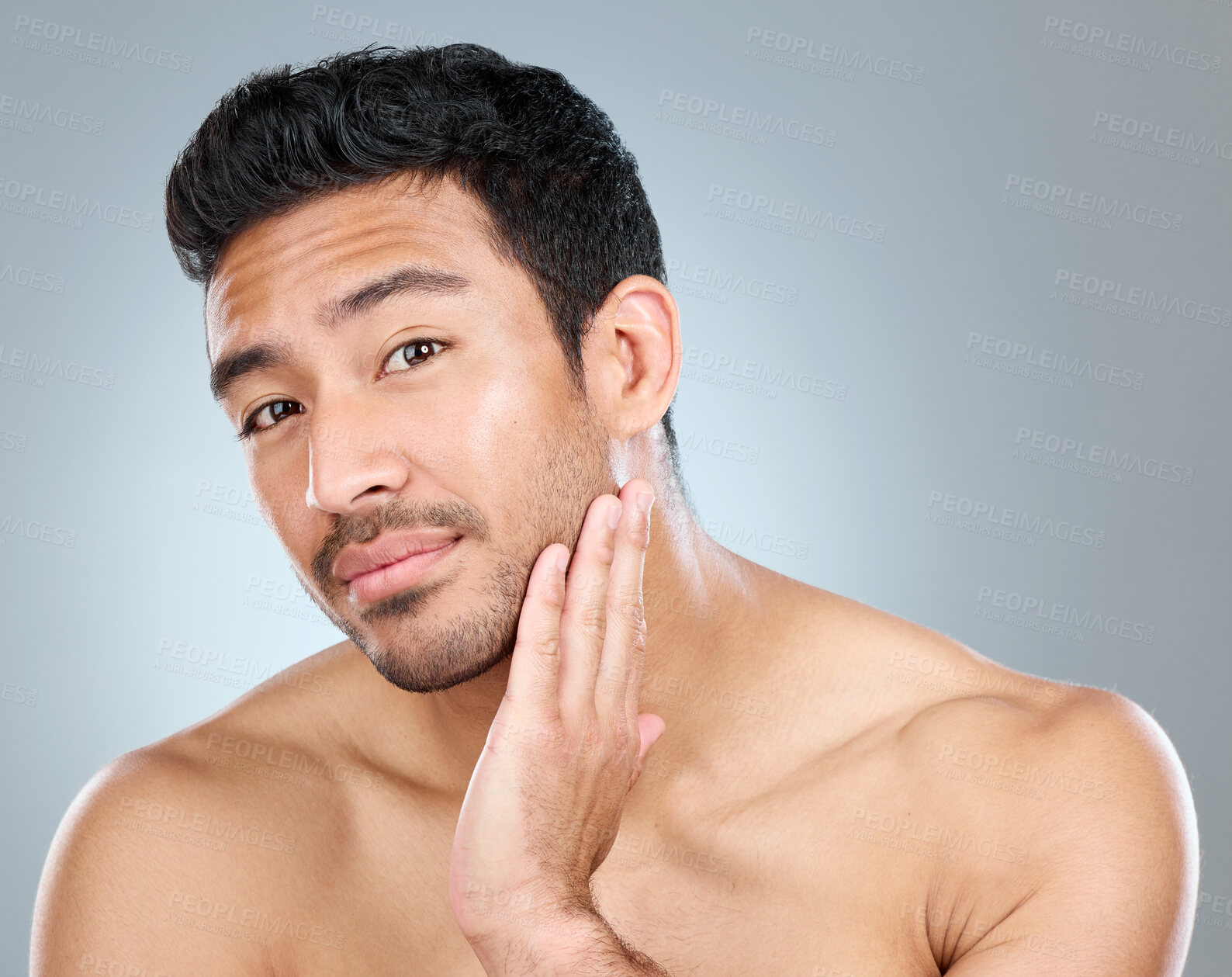 Buy stock photo Beauty, grooming and portrait of natural man in studio on gray background for cosmetic wellness. Dermatology, facial and skincare with face of confident person in bathroom for hydration or hygiene