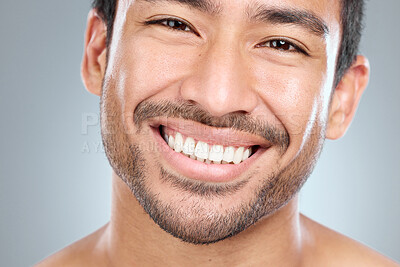 Buy stock photo Beauty, portrait and teeth of masculine man in studio on gray background for cosmetic wellness. Mouth, dental hygiene and oral care with face of happy person at dentist for cleaning or hygiene