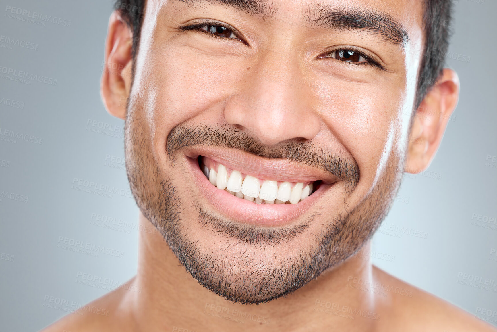 Buy stock photo Beauty, portrait and teeth of masculine man in studio on gray background for cosmetic wellness. Mouth, dental hygiene and oral care with face of happy person at dentist for cleaning or hygiene