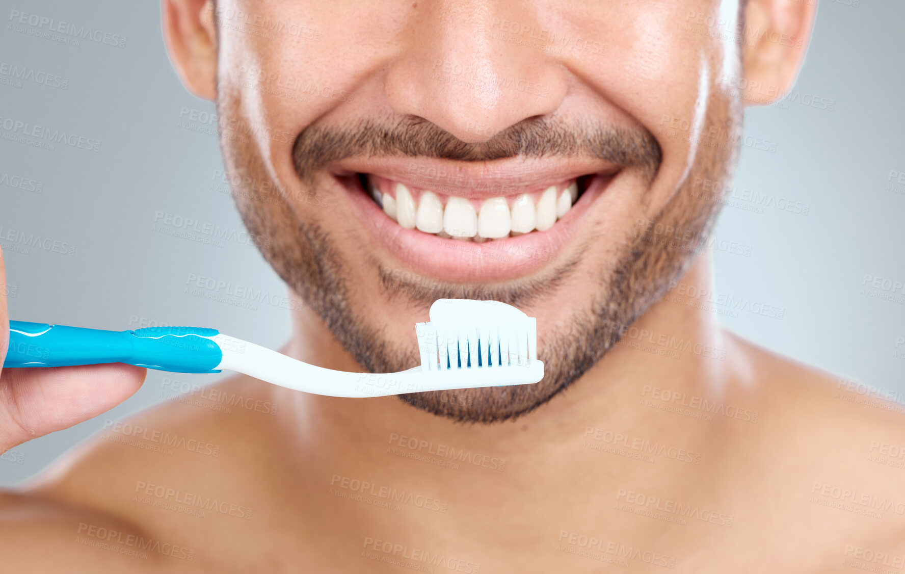 Buy stock photo Smile, oral hygiene and toothbrush for man, mouth and studio for dental healthcare on white background. Grooming, closeup or routine with face for person, beauty or toothpaste for fresh breath health