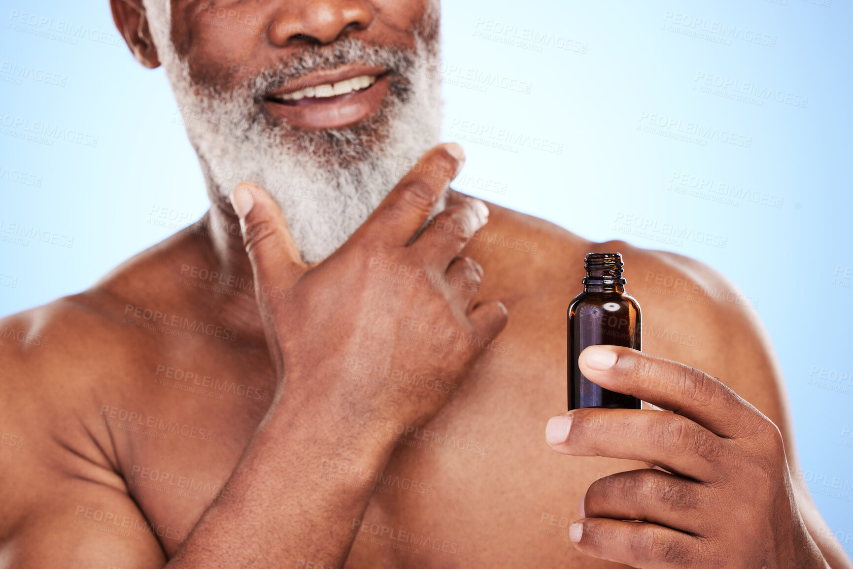 Buy stock photo Black man, serum and beard treatment in studio, senior wellness and bottle on blue background. Elderly person, hydration and essential oil for skincare, application and moisturizing for dermatology