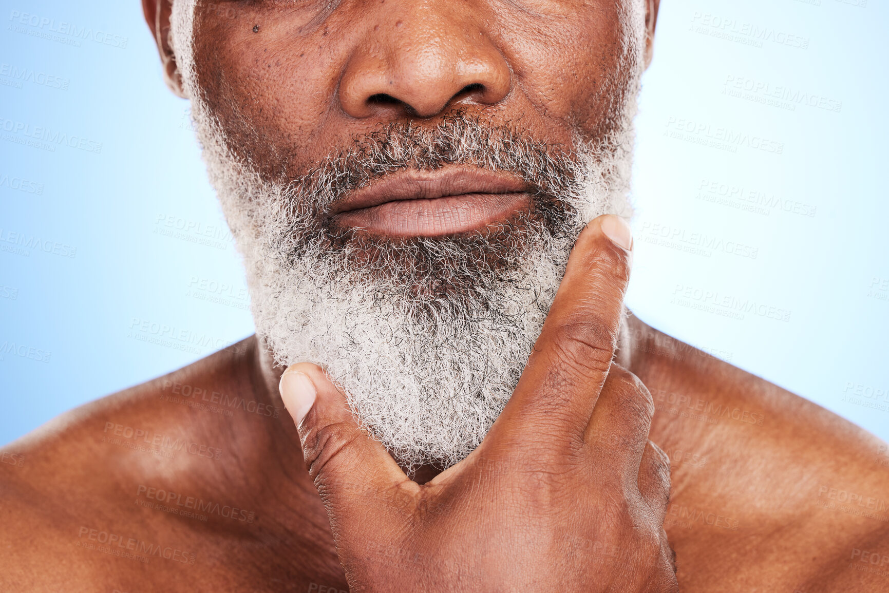 Buy stock photo Hand, beard care and senior black man in studio for grooming, spa therapy and wellness. Haircare, facial treatment and elderly person on blue background for aesthetic, skincare and healthy body