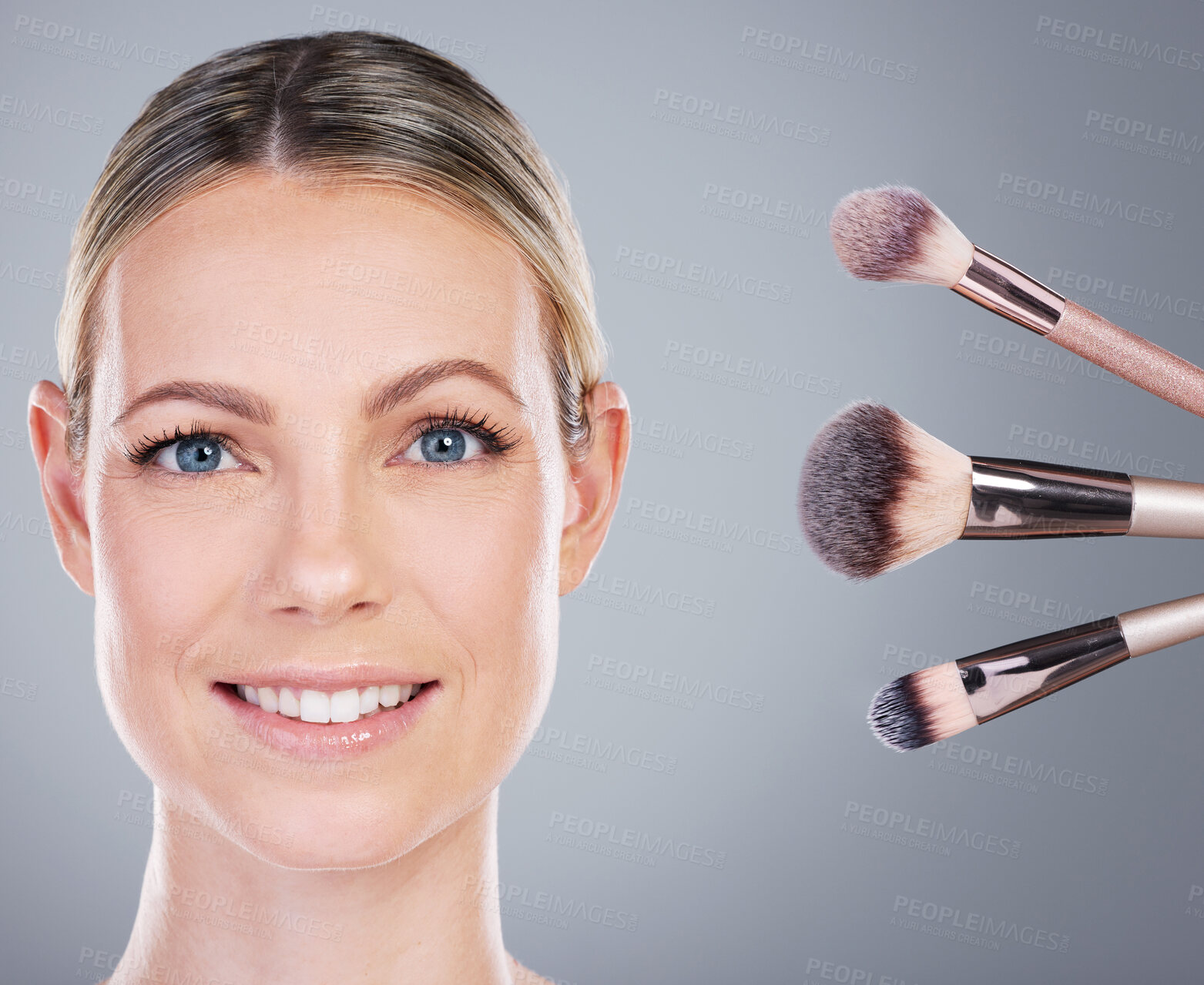 Buy stock photo Studio, portrait and woman with brushes for makeup, foundation and cosmetics for application. Female model, product and tools for transformation, makeover and treatment for beauty by gray background