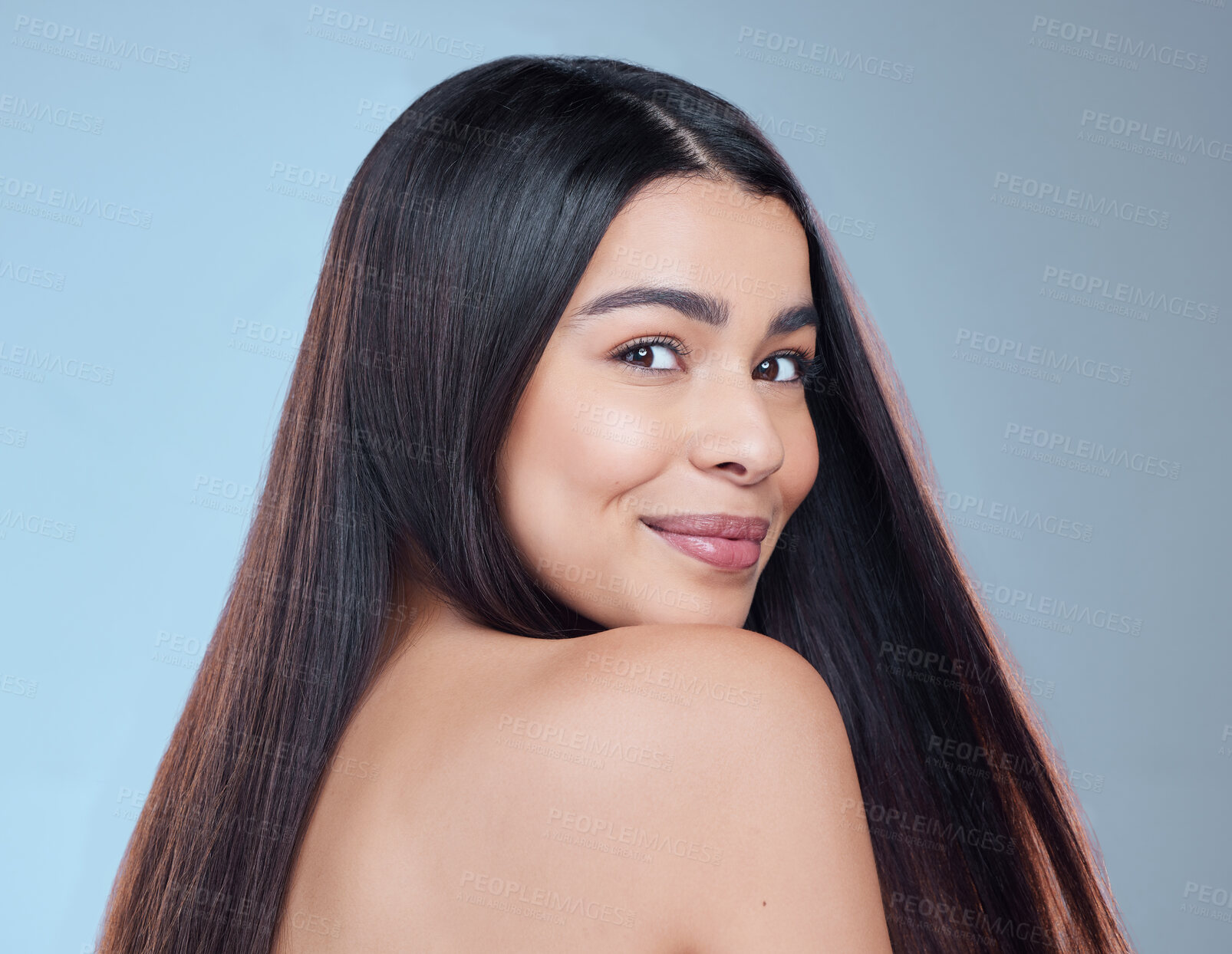 Buy stock photo Hair care, woman or cosmetic with dermatology, portrait or texture on blue studio background. Person, face or model with wellness, volume or grooming routine with aesthetic, growth or shine with glow