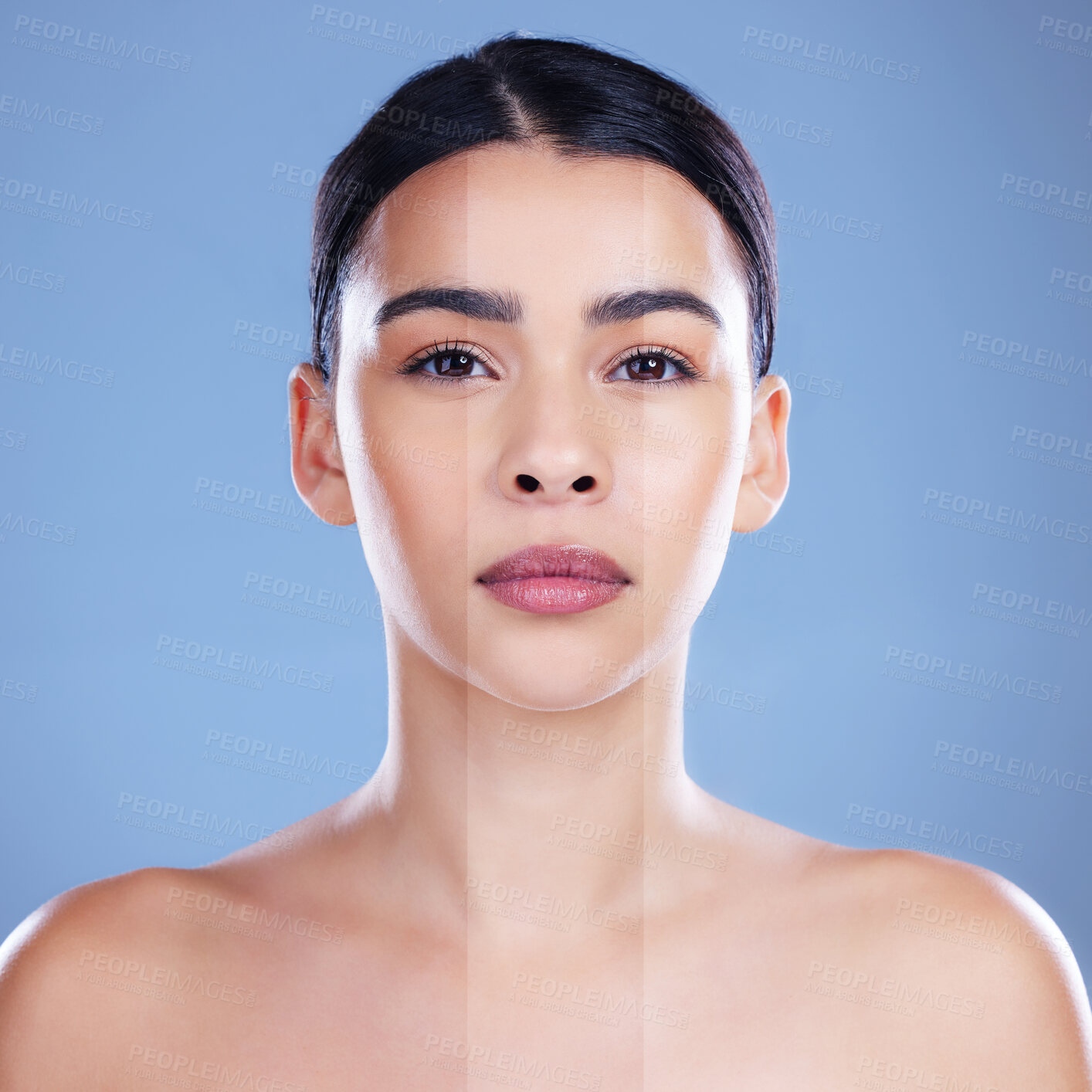 Buy stock photo Woman, composite and portrait in studio for skincare, cosmetics or transformation in beauty. Female person, dermatology or confident on blue background for change, aesthetic or spa treatment for glow