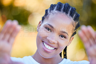 Buy stock photo Nature, selfie and woman with smile in park for profile picture, memory or social media post. Bokeh, outdoor and African person with happiness to relax, photography or morning in garden with frame