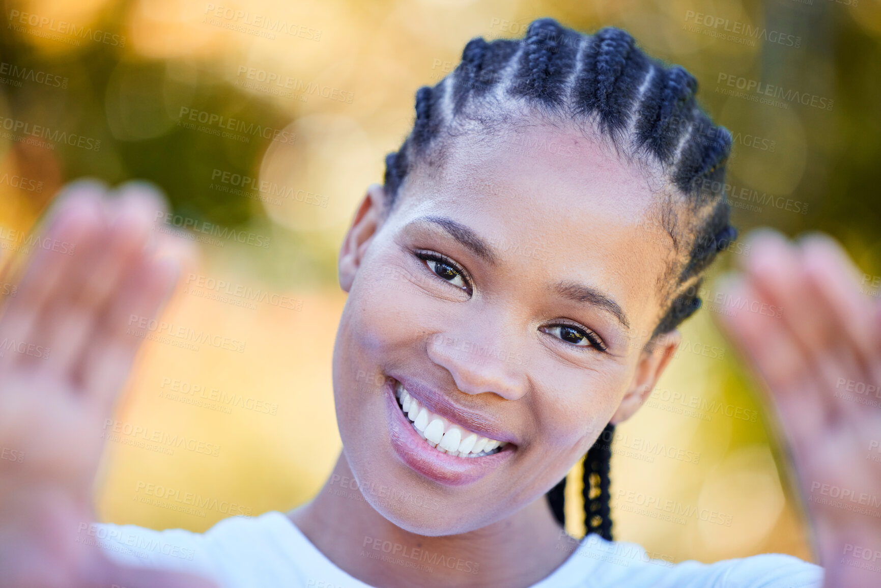 Buy stock photo Nature, selfie and woman with smile in park for profile picture, memory or social media post. Bokeh, outdoor and African person with happiness to relax, photography or morning in garden with frame