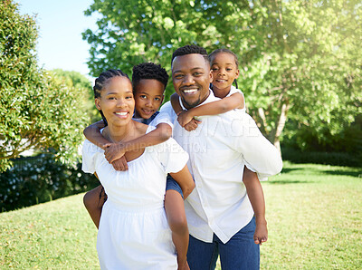 Buy stock photo Black family, portrait and smile in garden with love for bonding together, affection and care outdoor. People, parents and kids in park for summer holiday, security and support in natural environment