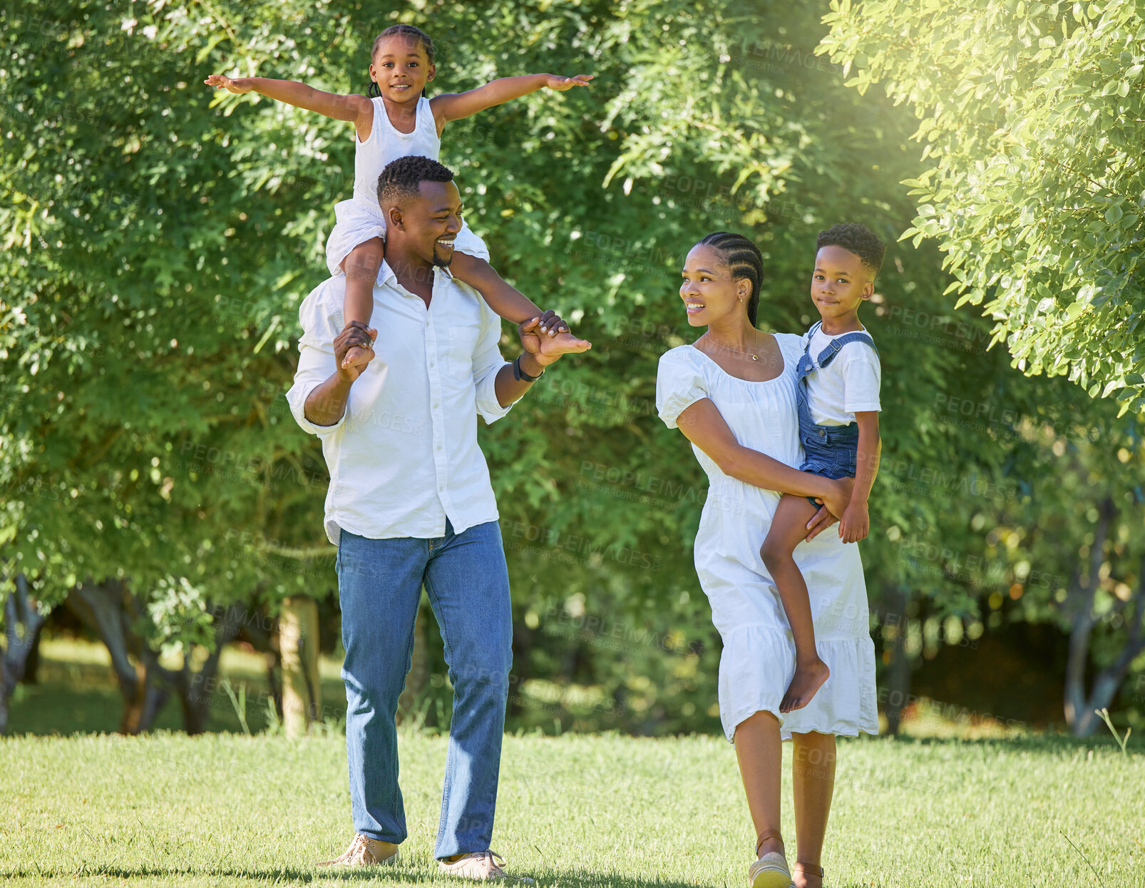 Buy stock photo Black family, walking and smile in nature with love for bonding together, fun activity and care outdoor. People, parents or kids in park for summer holiday, wellness or support in natural environment