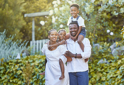 Buy stock photo Portrait, mother and father with children on piggyback for bonding, connection and together for family fun. Woman, man and happy kids for outdoor, care and love in play, garden and nature for support