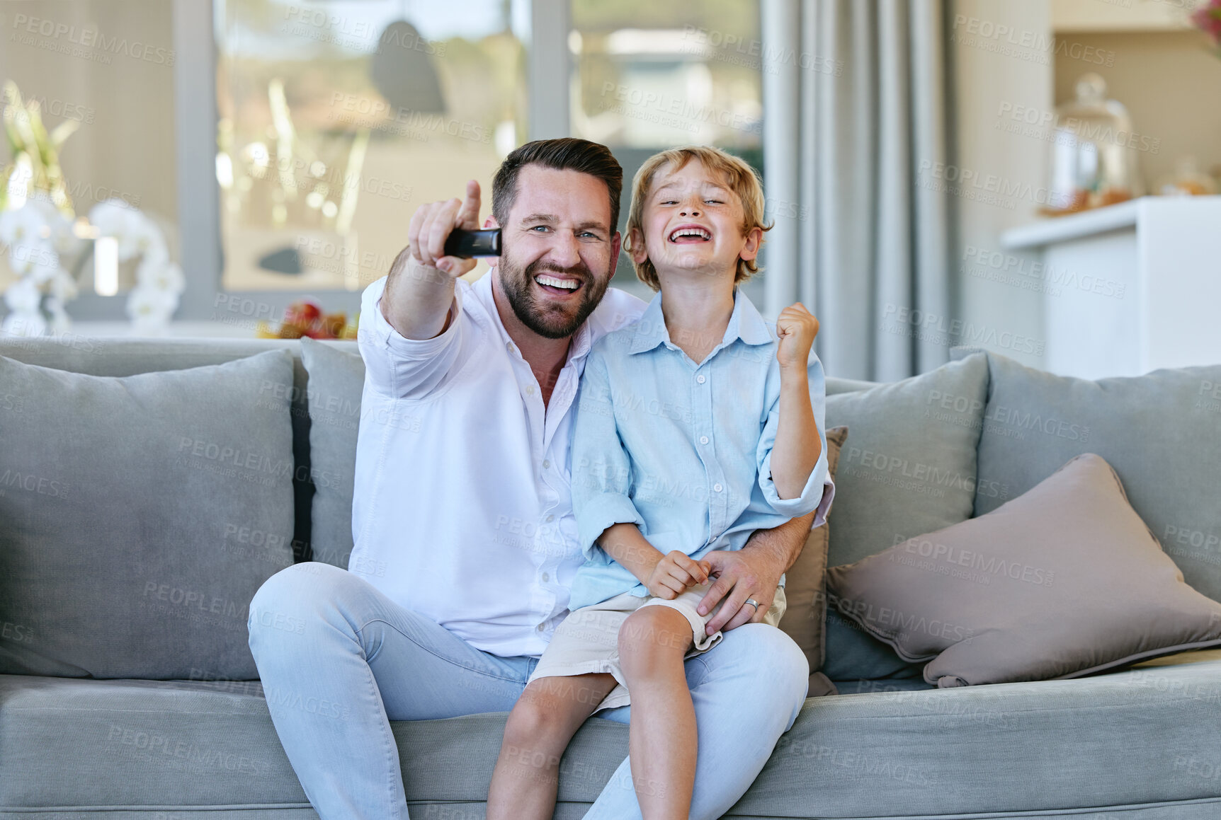 Buy stock photo Father, kid and portrait on couch for watching tv, streaming and cheering for sports in home. Family, parent and happy boy in living room for weekend, support and broadcast with motivation or success