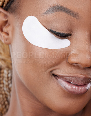 Buy stock photo Smile, eyes and black woman with collagen mask for natural beauty, healthy skin or luxury cosmetics. Dermatology, face care and happy girl with retinol patch, facial wellness and skincare treatment