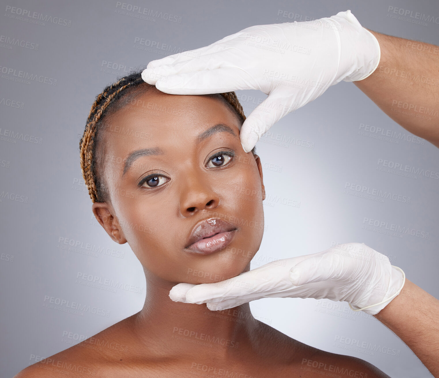 Buy stock photo Skincare, hands and portrait of black woman with plastic surgery for healthy skin, beauty therapy or facial in studio. Dermatology, gloves and girl in medical assessment, cosmetics or grey background