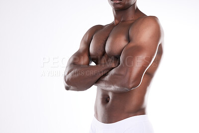 Buy stock photo African man, fitness and arms crossed for sport abs, growth and motivation isolated in studio. Health, male person chest or body builder with balanced diet, nutrition for weight loss and wellness