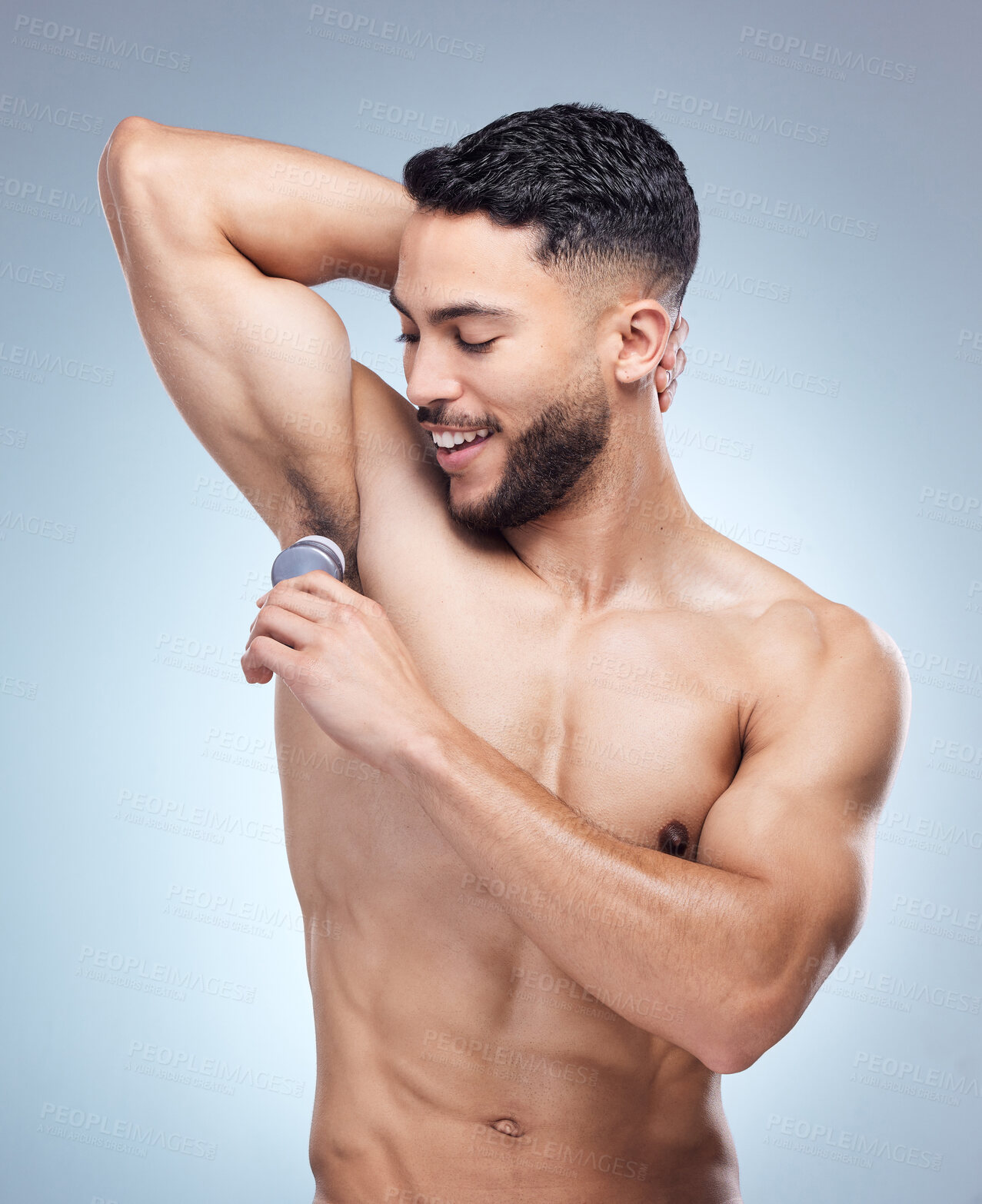 Buy stock photo Man, armpit and product for skincare in studio, cosmetic and odour or sweat control or body hygiene on background. Fresh grooming, model wellness and deodorant or routine, fragrance and topless