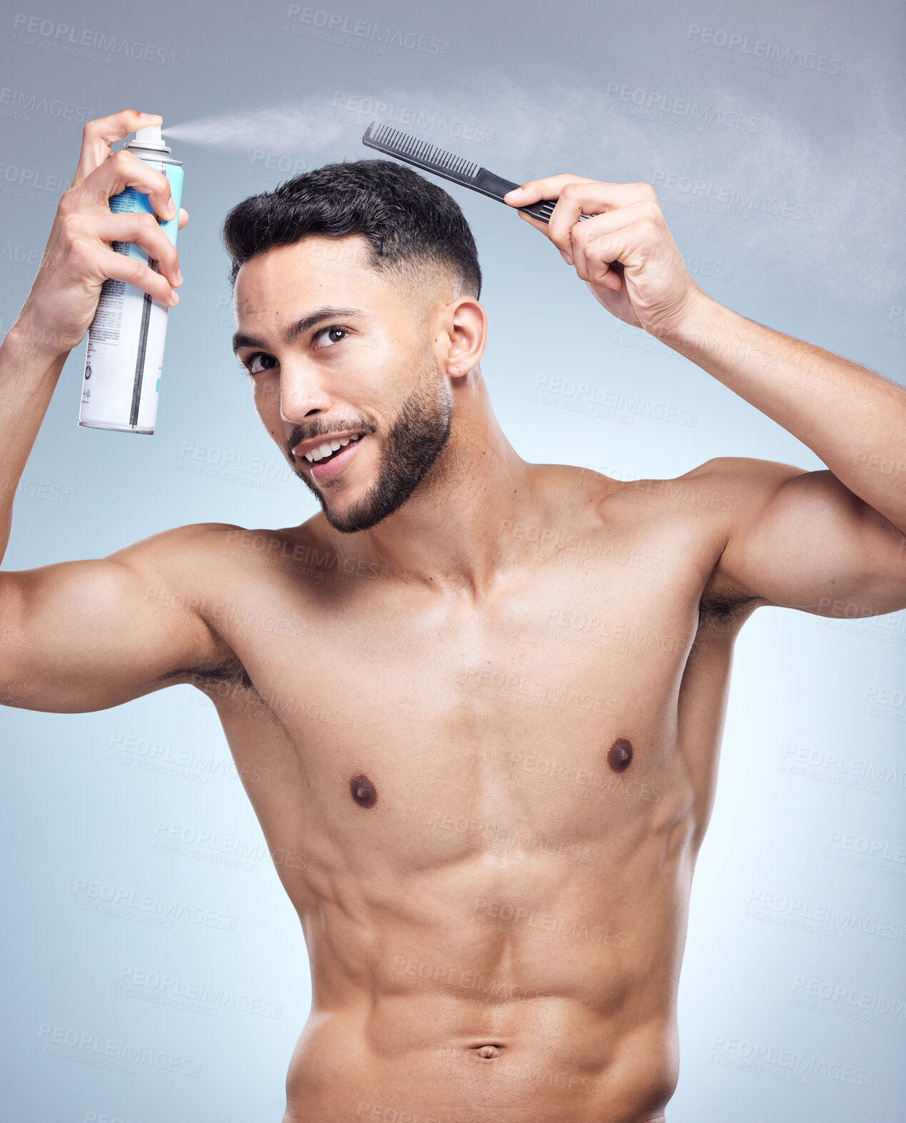 Buy stock photo Hair care, comb and man in studio with spray for grooming, hairstyle or morning routine on white background. Body, product and hand of model for satisfaction, scalp wellness or shampoo treatment