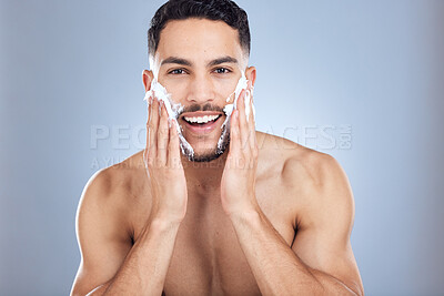 Buy stock photo Man, portrait and apply shaving foam for hair removal with body, skincare hygiene and transformation in studio. Male person, dermatology and face soap product for beard maintenance by gray background