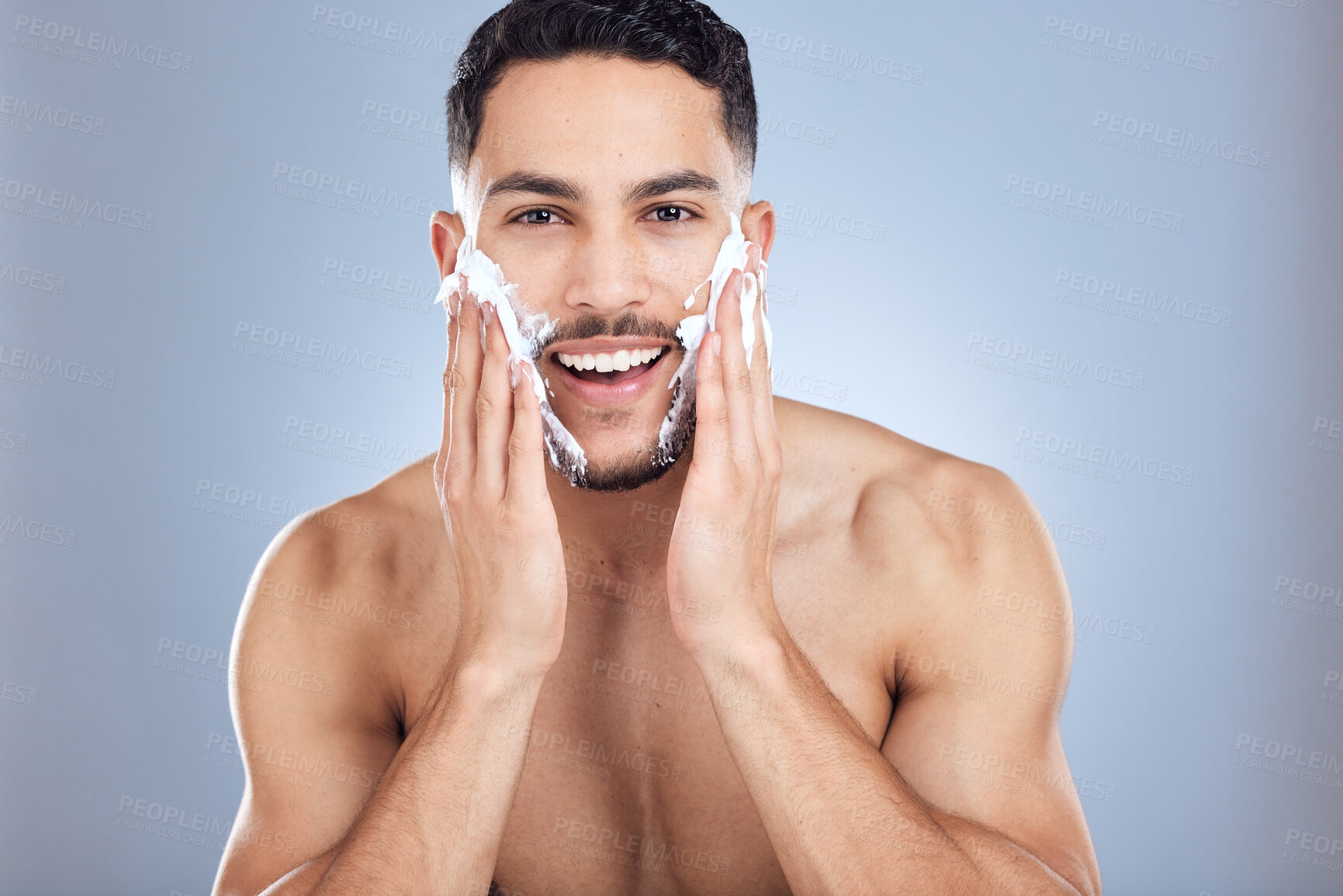 Buy stock photo Man, portrait and apply shaving foam for hair removal with body, skincare hygiene and transformation in studio. Male person, dermatology and face soap product for beard maintenance by gray background