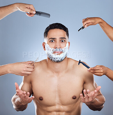 Buy stock photo Body, shrug portrait and man with confused for multitasking, shaving foam and doubt for skincare in studio. Model guy, why emoji and cosmetic tools for hair removal with beard soap by grey background