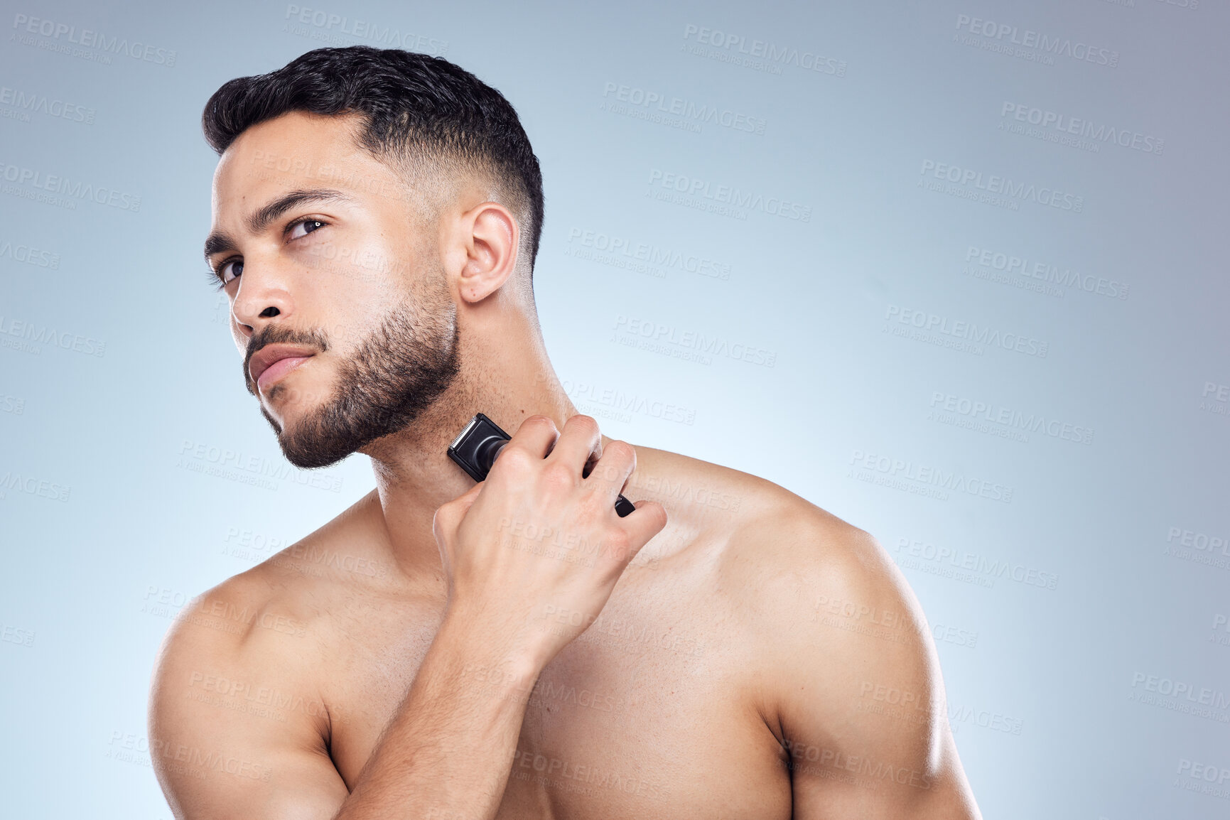 Buy stock photo Man, shaver and beard beauty in studio, facial and hair removal or grooming wellness with trimmer on background. Cosmetic, cleaning razor and morning routine, hygiene product and dermatology skincare