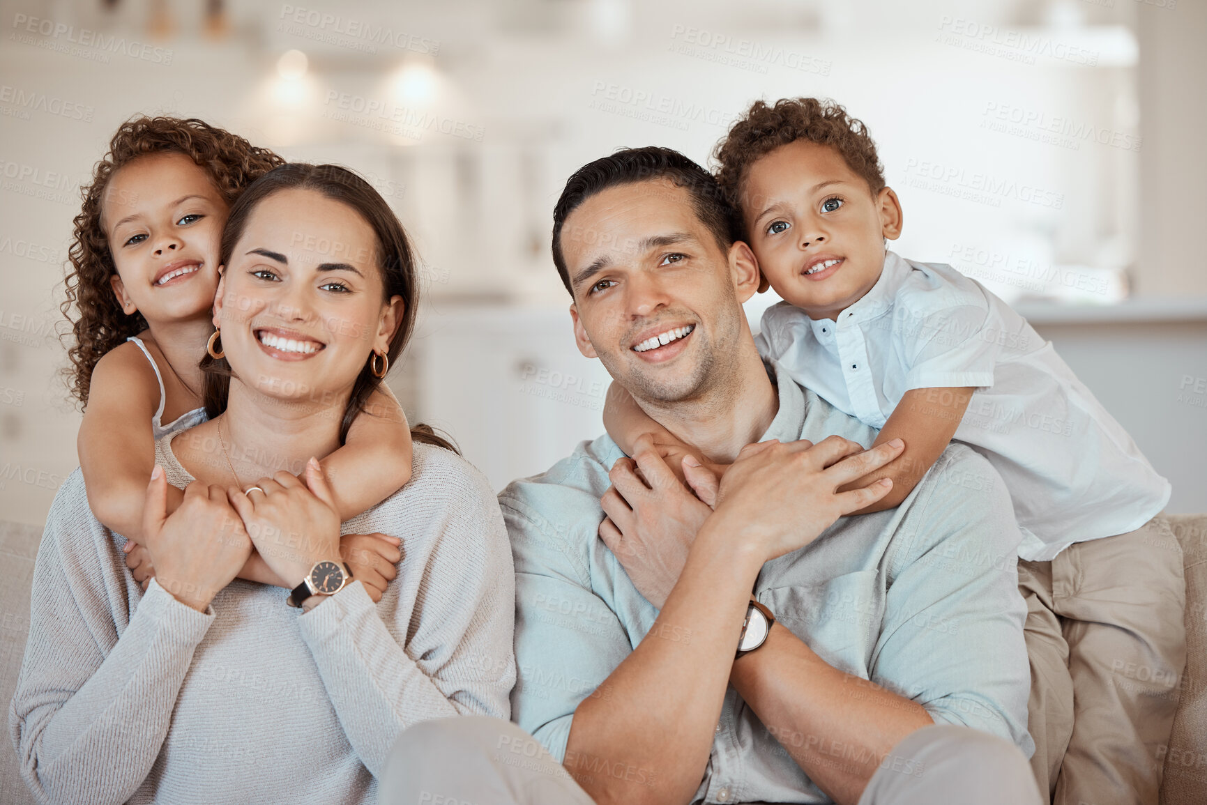 Buy stock photo Hug, happy family and portrait of kids with parents in home for care, love and bonding together. Face, mother and father embrace children in living room for support, connection or relax with siblings