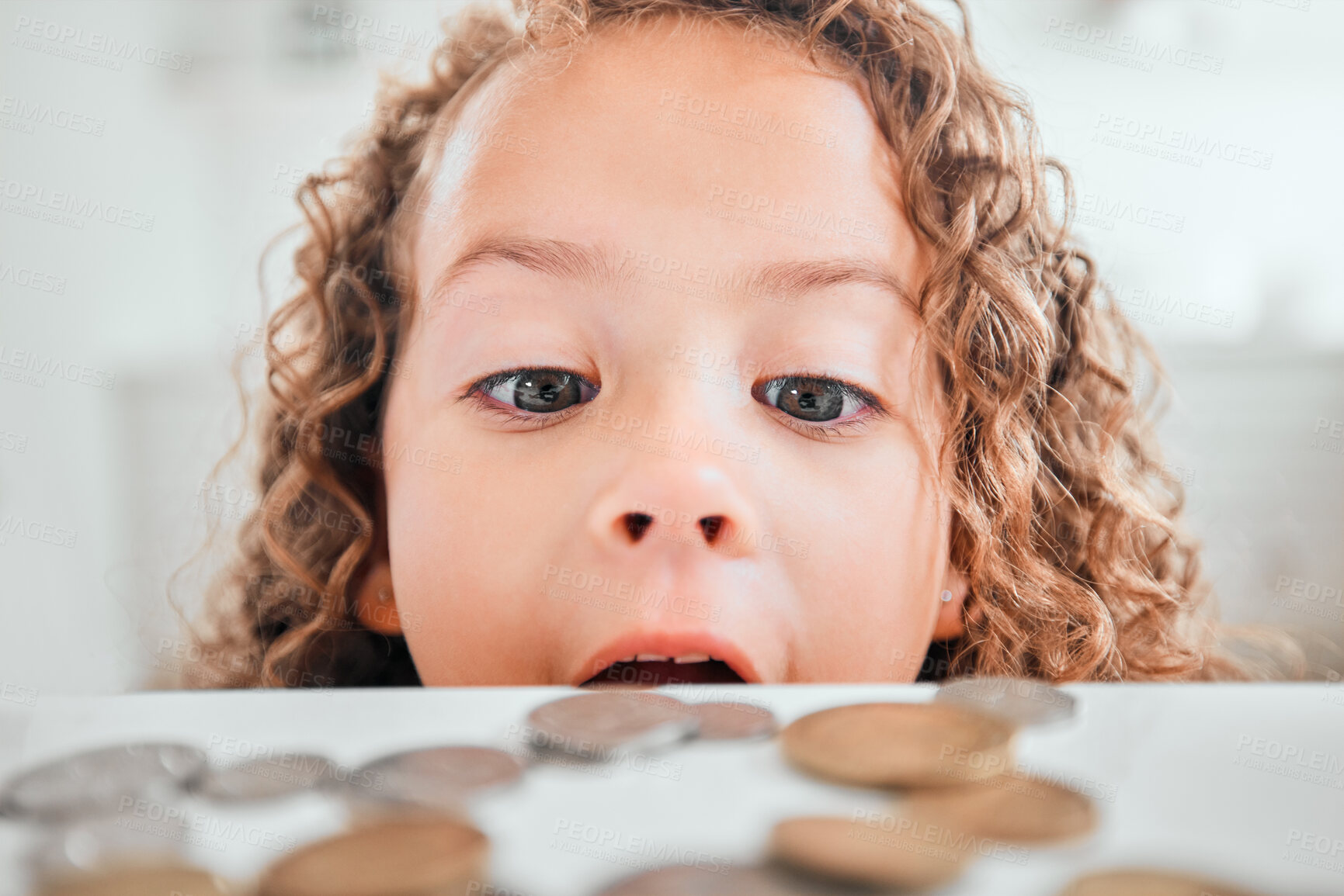 Buy stock photo Finance, surprise and coins with child at home for savings, money and budget. Growth, learning and cash with face of shocked girl and change on table for investment, profit or banking responsibility