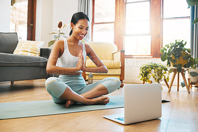Buy stock photo Yoga, meditation and namaste of woman on laptop online class, video call or webinar in holistic fitness or wellness. Biracial person meditate, praying hands and pilates exercise at home on computer
