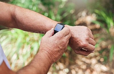 Buy stock photo Time, notification and hands with a watch for fitness, running  and cardio progress in nature. Sports, health and arms of a runner checking pulse, heart rate and training results on a wristwatch