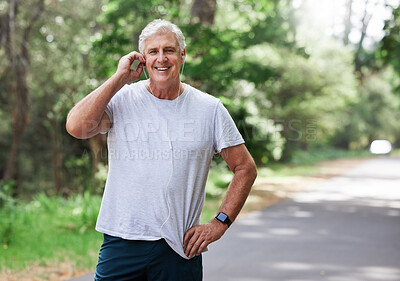 Buy stock photo Senior man, exercise and outdoor with music earphones for run, workout and training on road for fitness. Elderly male person happy about cardio audio for health and wellness or walking and running