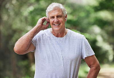 Buy stock photo Exercise, senior man and outdoor with music earphones for run, workout and training for fitness. Elderly male happy about cardio audio for health and wellness while running in nature and retirement