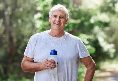 Buy stock photo Man, exercise portrait and outdoor with water bottle for run, workout and training for fitness. Senior male happy for hydration, cardio health and wellness while running in nature and retirement