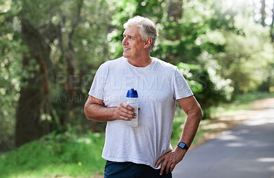 Buy stock photo Man, exercise and thinking outdoor with water bottle for a run, workout and training for fitness. Senior male happy for hydration and cardio health or wellness while running in nature in retirement