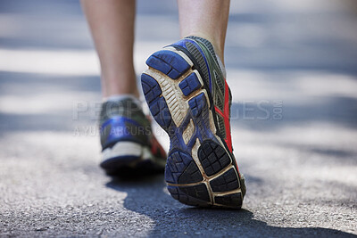 Buy stock photo Feet, fitness and person in the road for walking, exercise and training. Active, sports and closeup of the shoes of a runner or athlete in the street to start running, jogging or cardio workout