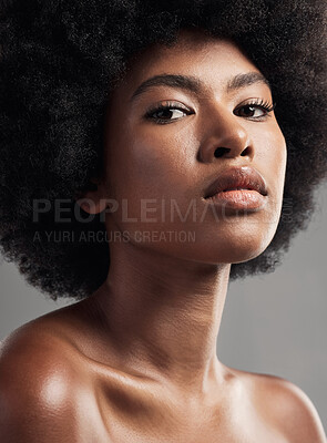 Buy stock photo Black woman, serious face and skincare for beauty in studio isolated on a gray background. Natural cosmetics, portrait and African female model with spa treatment for aesthetic, wellness and health.