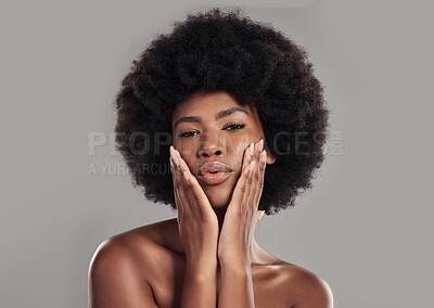 Buy stock photo Portrait, african and woman is feeling with glowing skin in studio background for wellness with afro. African, woman and makeup with dermatology or beauty with facial treatment for self care.