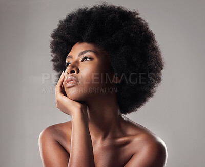 Buy stock photo Skin, face and natural beauty, black woman thinking, cosmetics and glow isolated on studio background. Skincare, dermatology and facial treatment, African model with makeup and ideas with shine