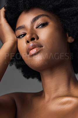 Buy stock photo Black girl, portrait and skincare with cosmetic for self care with dermatology for wellness in closeup. Beauty, makeup and african woman with glowing skin or facial treatment with confidence.