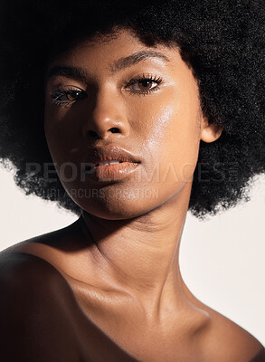 Buy stock photo African woman, skincare and glow in portrait, studio and beauty with wellness, self care and clean aesthetic. Girl, model and health for skin, natural cosmetics and dermatology by white background