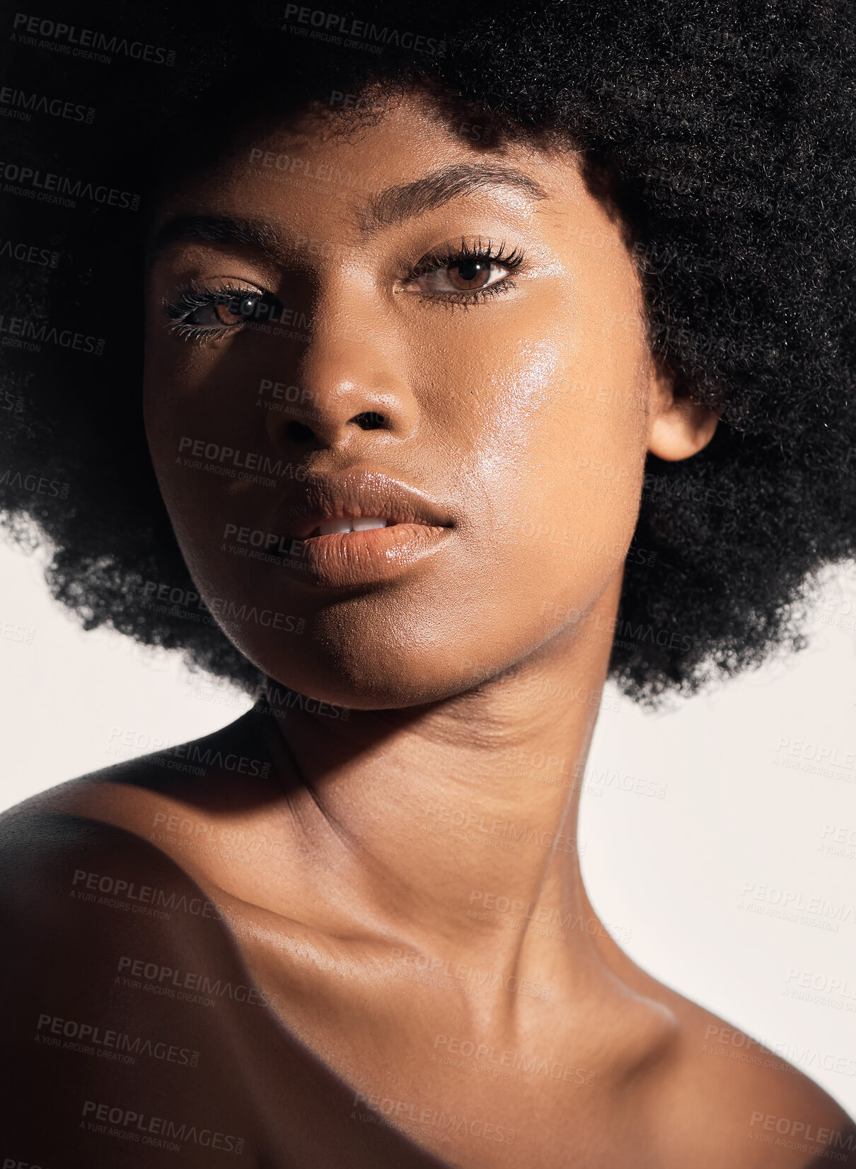 Buy stock photo African woman, skincare and glow in portrait, studio and beauty with wellness, self care and clean aesthetic. Girl, model and health for skin, natural cosmetics and dermatology by white background