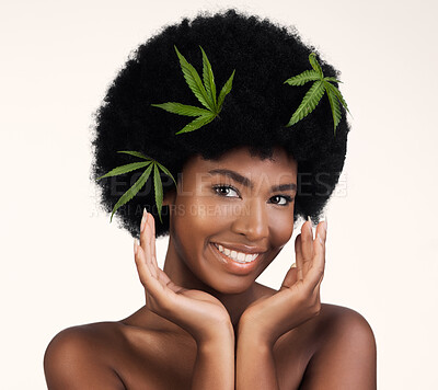 Buy stock photo Black woman, leaves and marijuana in studio portrait, pride and organic skincare by white background. African girl, model or hemp for beauty, makeup or glow on skin for aesthetic, afro and cosmetics