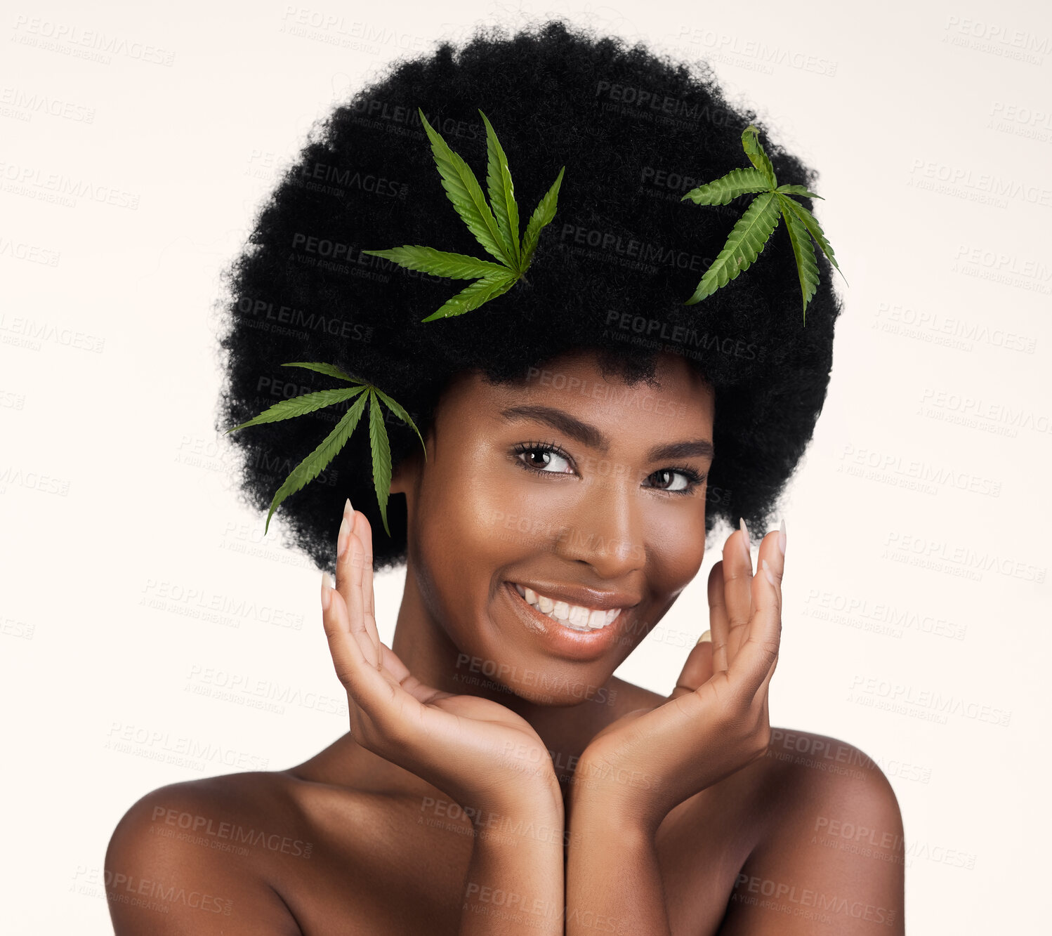 Buy stock photo Black woman, leaves and marijuana in studio portrait, pride and organic skincare by white background. African girl, model or hemp for beauty, makeup or glow on skin for aesthetic, afro and cosmetics