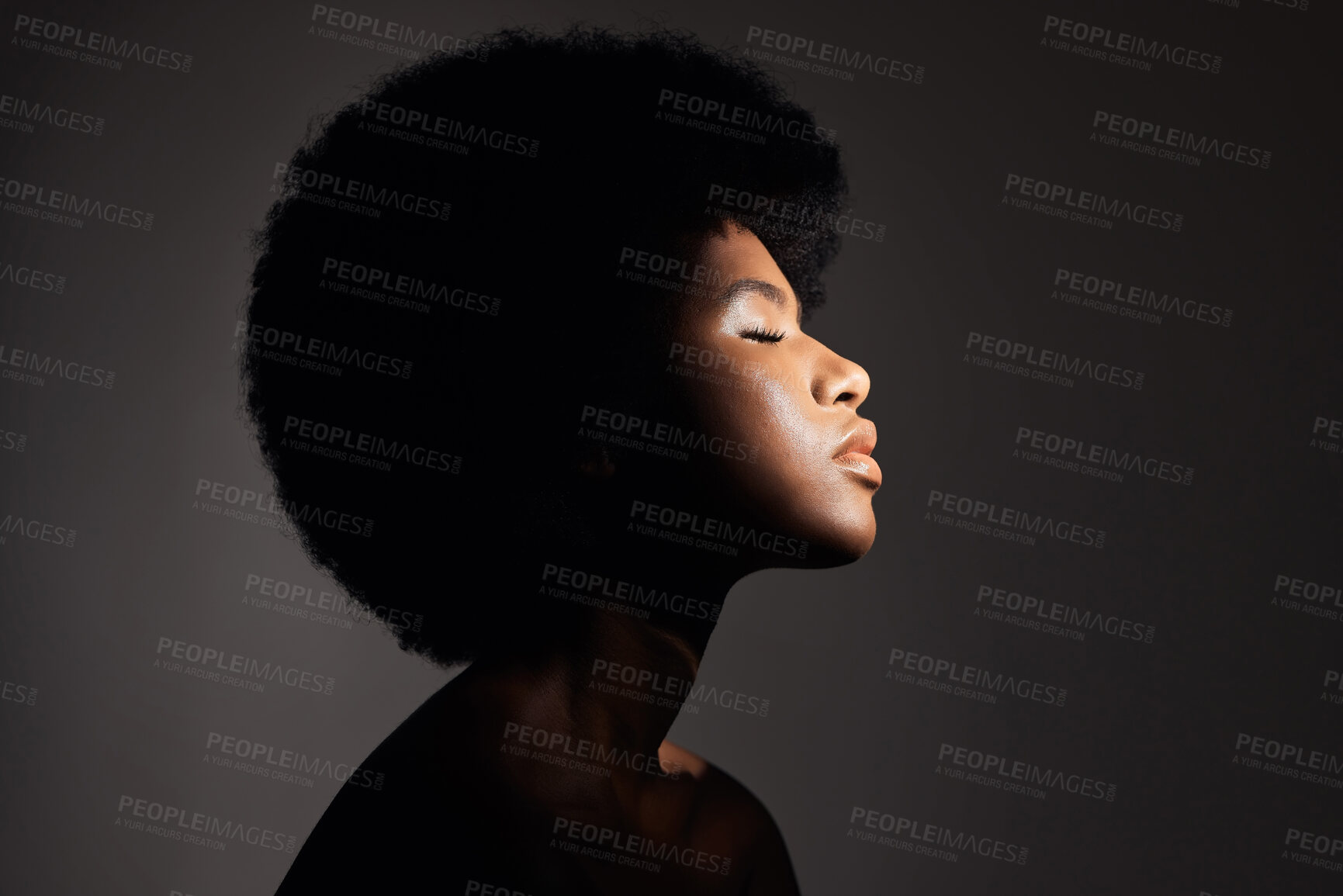 Buy stock photo Face shadow, light and black woman with skincare, natural beauty glow and peace after cosmetics treatment. Aesthetic makeup profile, afro and African studio person with self care on grey background