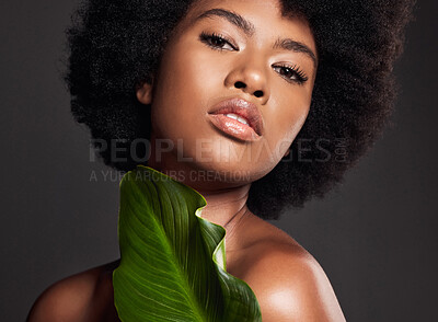 Buy stock photo Black woman, face and leaf, natural beauty and eco friendly cosmetics with portrait on studio background. Facial, afro and African female model, skincare and glow with sustainable dermatology