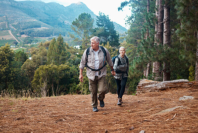 Buy stock photo Holding hands, nature and senior couple hiking, walking and trekking in mountains of Peru. Travel, together and an elderly man and woman on a walk in a forest for exercise and retirement adventure