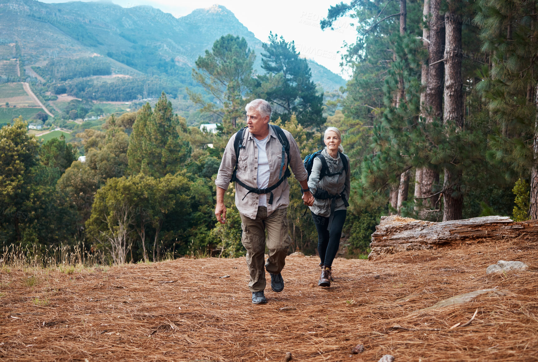 Buy stock photo Holding hands, nature and senior couple hiking, walking and trekking in mountains of Peru. Travel, together and an elderly man and woman on a walk in a forest for exercise and retirement adventure